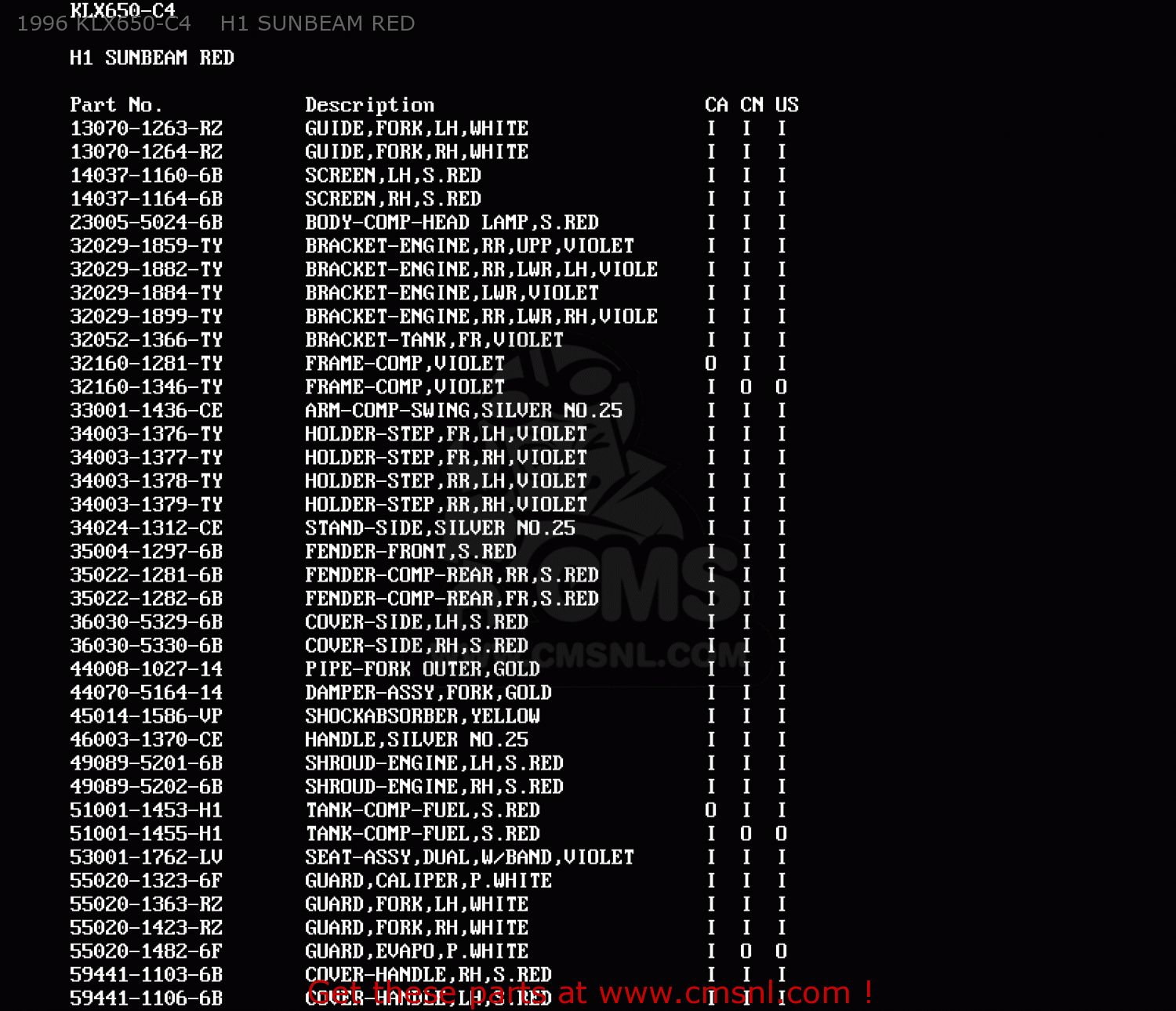 1996 KLX650-C4    H1 SUNBEAM RED KLX650C1 1993 USA CALIFORNIA