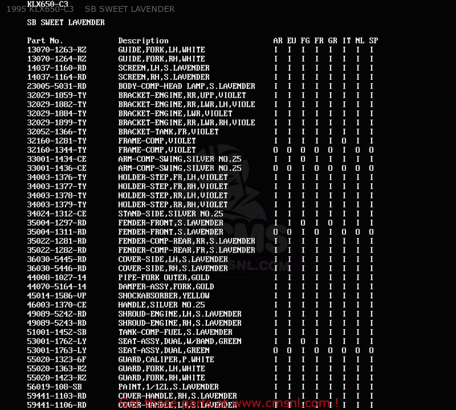 1995 KLX650-C3    SB SWEET LAVENDER KLX650C2 1994 EUROPE UK FR NL AR FG GR IT NR SP ST