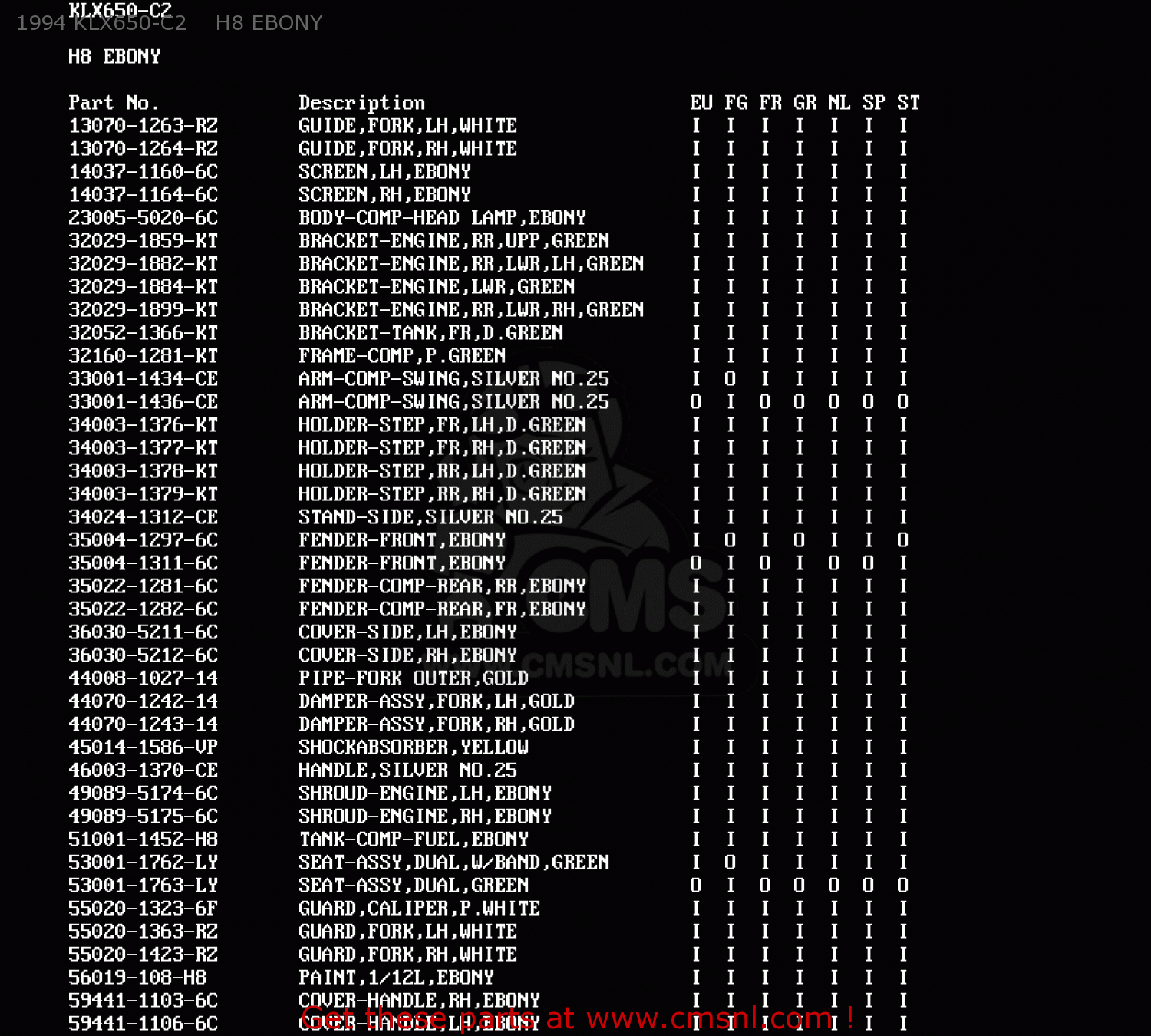 1994 KLX650-C2    H8 EBONY KLX650C3 1995 EUROPE FR NL AR FG GR IT SP ST