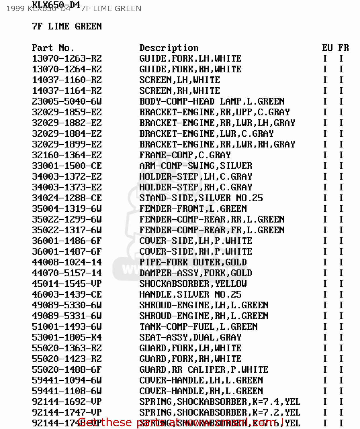 1999 KLX650-D4    7F LIME GREEN KLX650D1 KLX650R 1996 EUROPE FRANCE