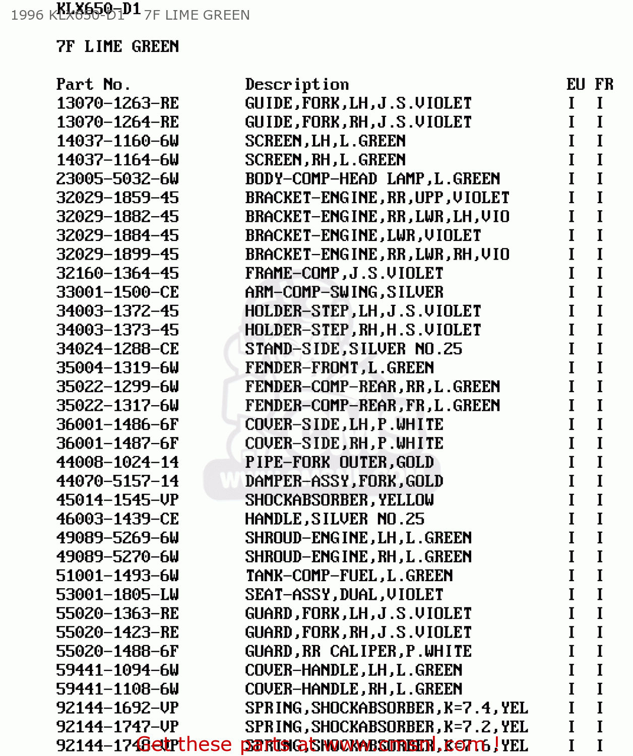 1996 KLX650-D1    7F LIME GREEN KLX650D4 KLX650R 1999 EUROPE FRANCE