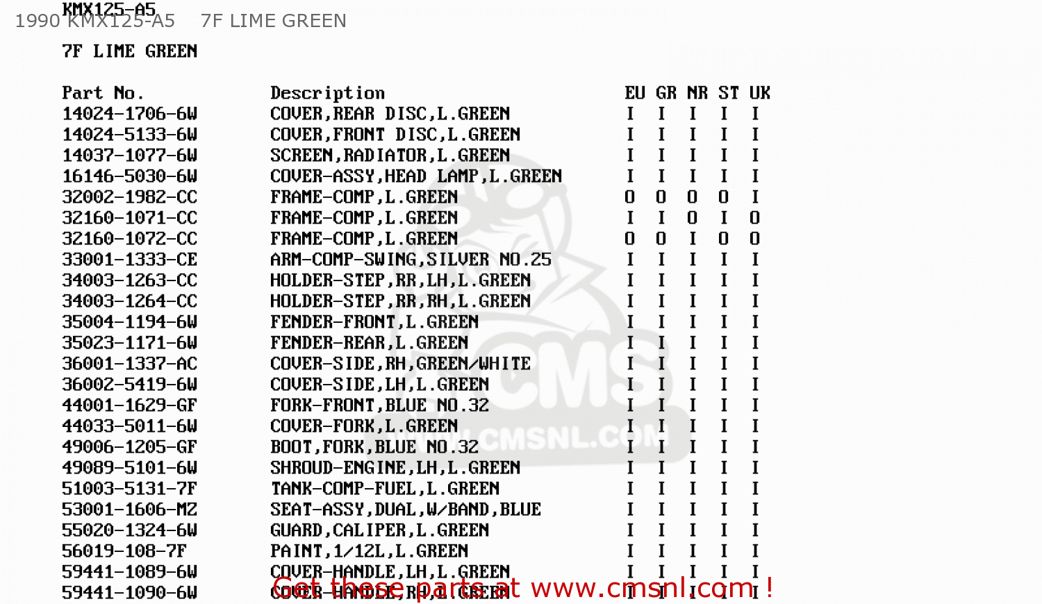 1990 KMX125-A5    7F LIME GREEN KMX125-A5 1990 EUROPE UK GR NR ST