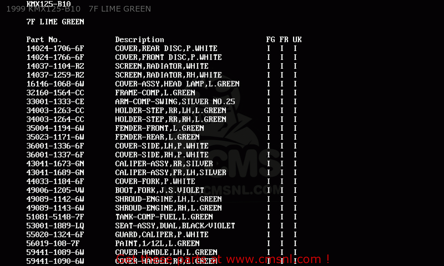 1999 KMX125-B10   7F LIME GREEN KMX125-B10 1999 UNITED KINGDOM FR FG