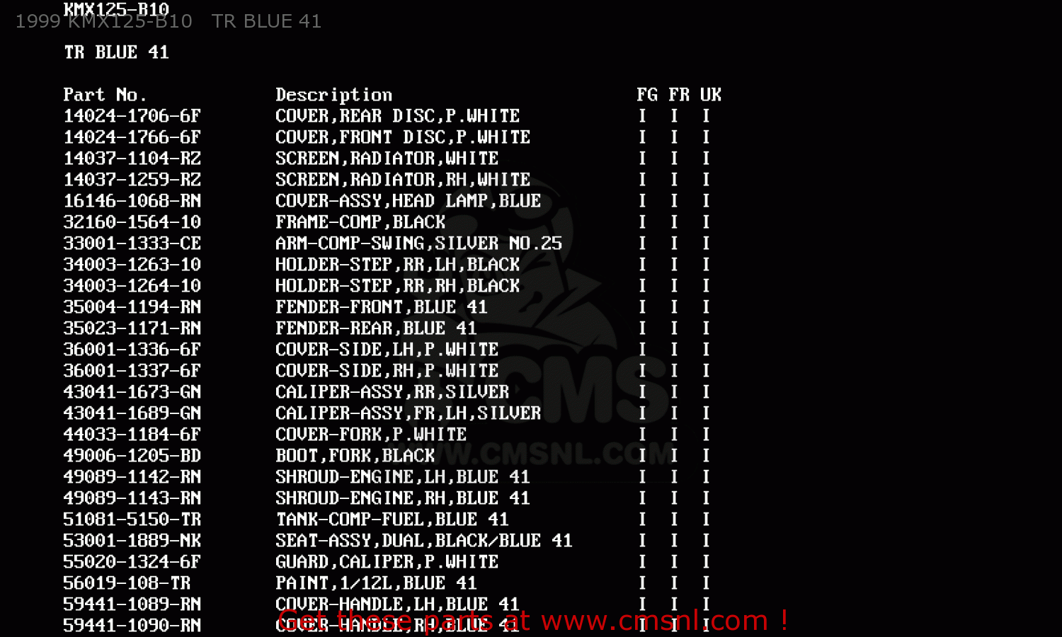 1999 KMX125-B10   TR BLUE 41 KMX125-B10 1999 UNITED KINGDOM FR FG