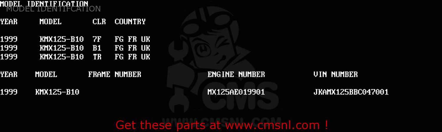 MODEL IDENTIFCATION KMX125-B10 1999 UNITED KINGDOM FR FG
