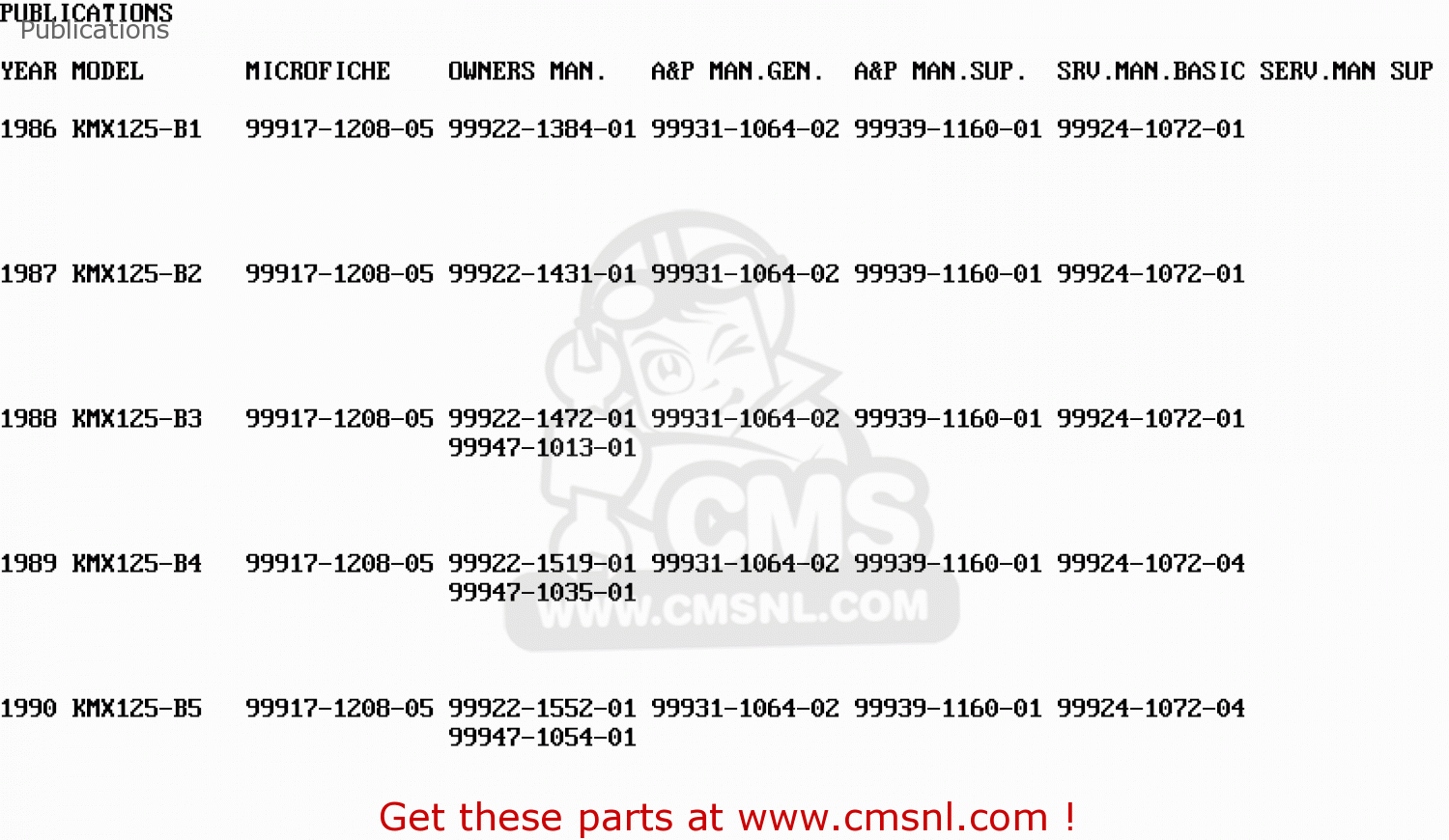 Publications KMX125-B4 1989 UNITED KINGDOM FR
