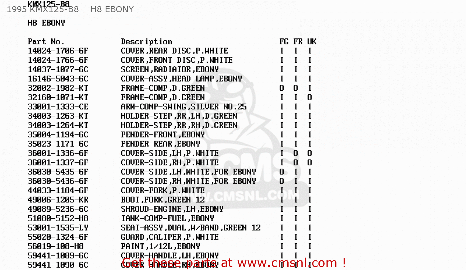 1995 KMX125-B8    H8 EBONY KMX125-B7 1992 UNITED KINGDOM FR NR