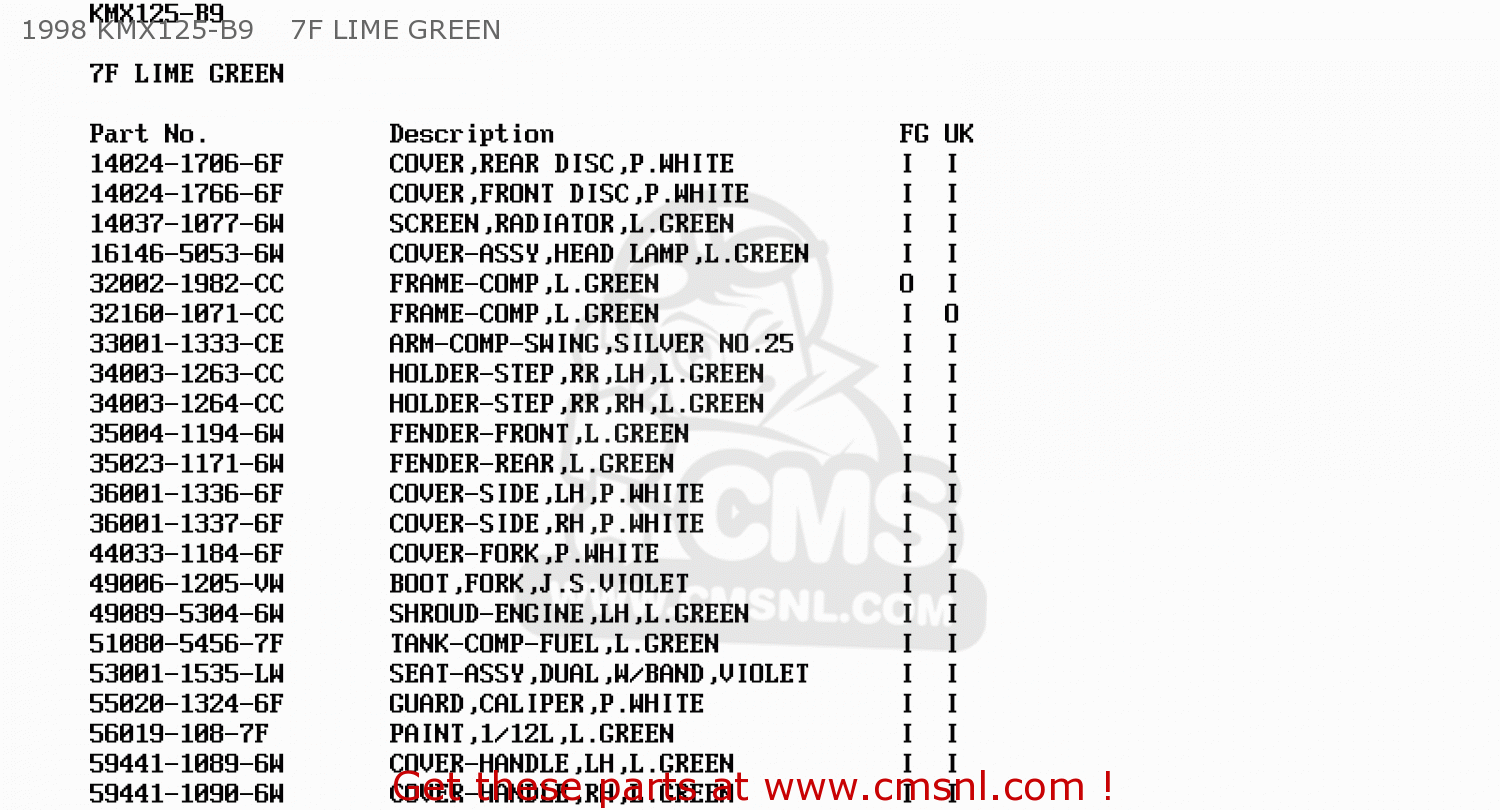 1998 KMX125-B9    7F LIME GREEN KMX125-B7 1992 UNITED KINGDOM FR NR