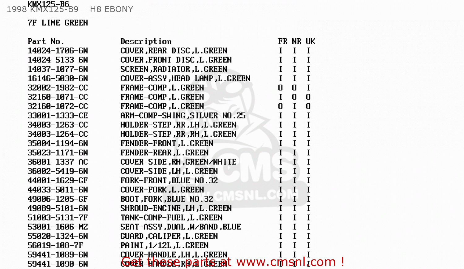 1991 KMX125-B6    7F LIME GREEN KMX125-B8 1995 UNITED KINGDOM FR FG