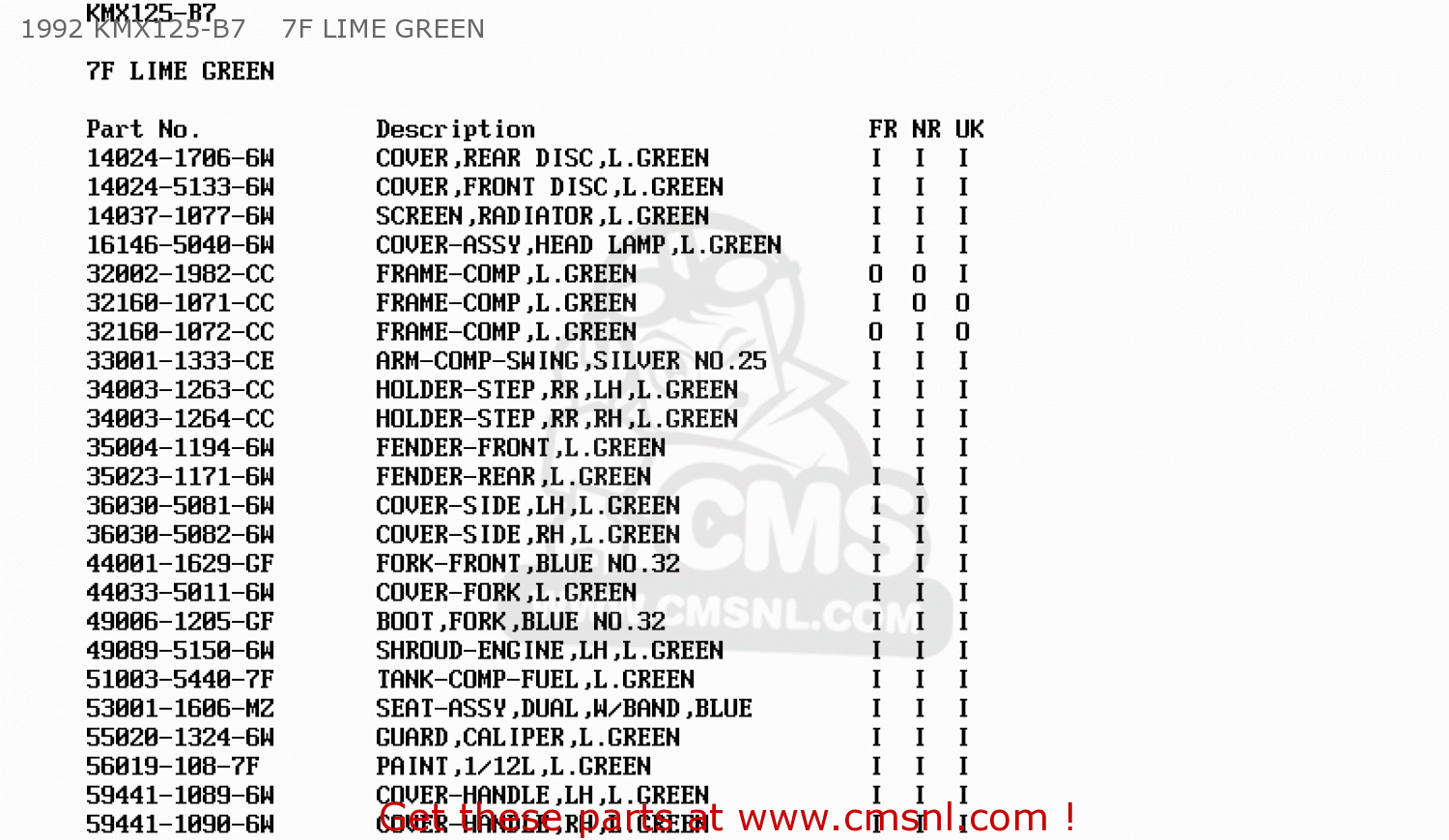 1992 KMX125-B7    7F LIME GREEN KMX125-B9 1998 UNITED KINGDOM FR FG