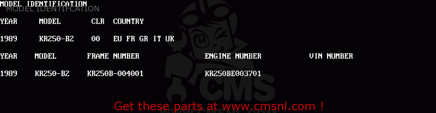 MODEL IDENTIFCATION KR250B2 KR1 1989 EUROPE UK FR GR IT