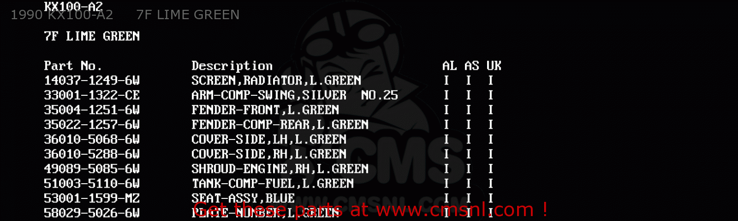 1990 KX100-A2     7F LIME GREEN KX100-A2 1990 UNITED KINGDOM AL AS