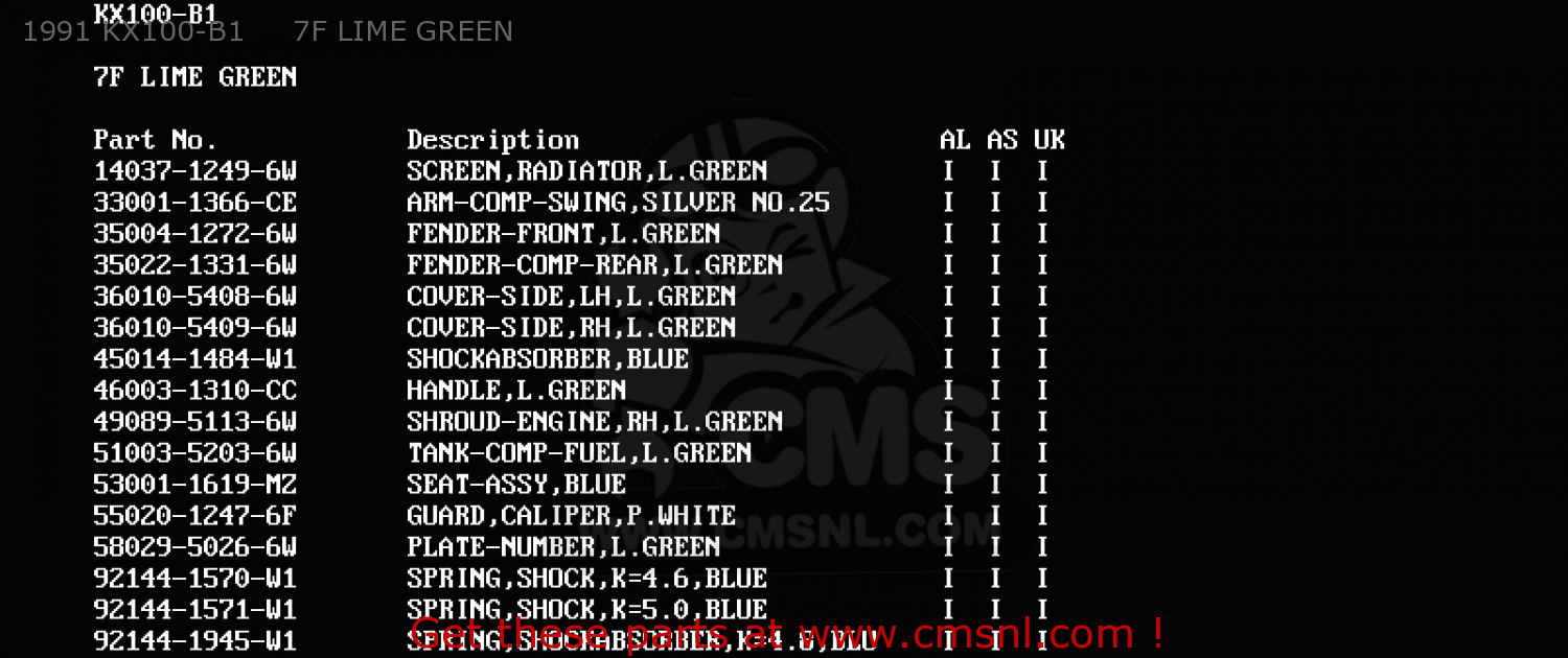 1991 KX100-B1     7F LIME GREEN KX100-B1 1991 UNITED KINGDOM AL AS