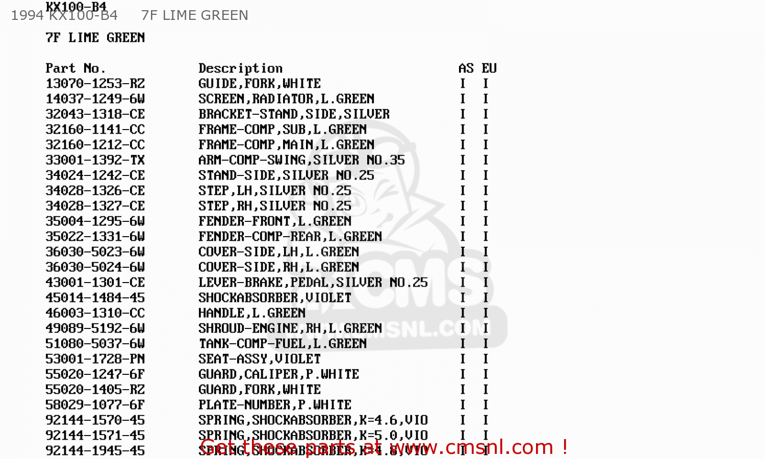 1994 KX100-B4     7F LIME GREEN KX100-B4 1994 EUROPE AS