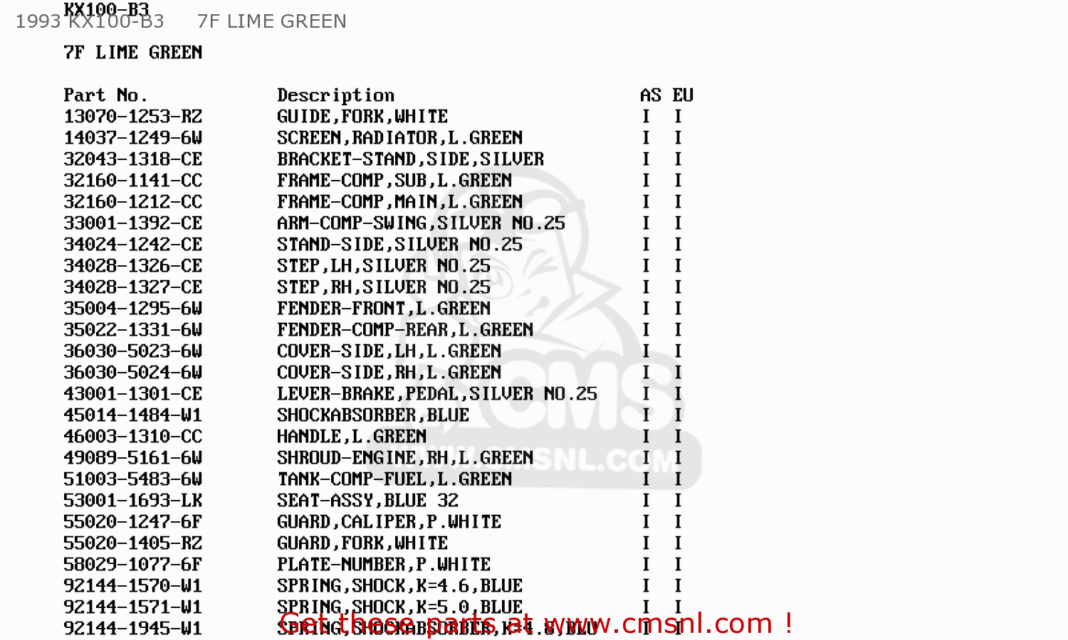 1993 KX100-B3     7F LIME GREEN KX100-B6 1996 EUROPE AS