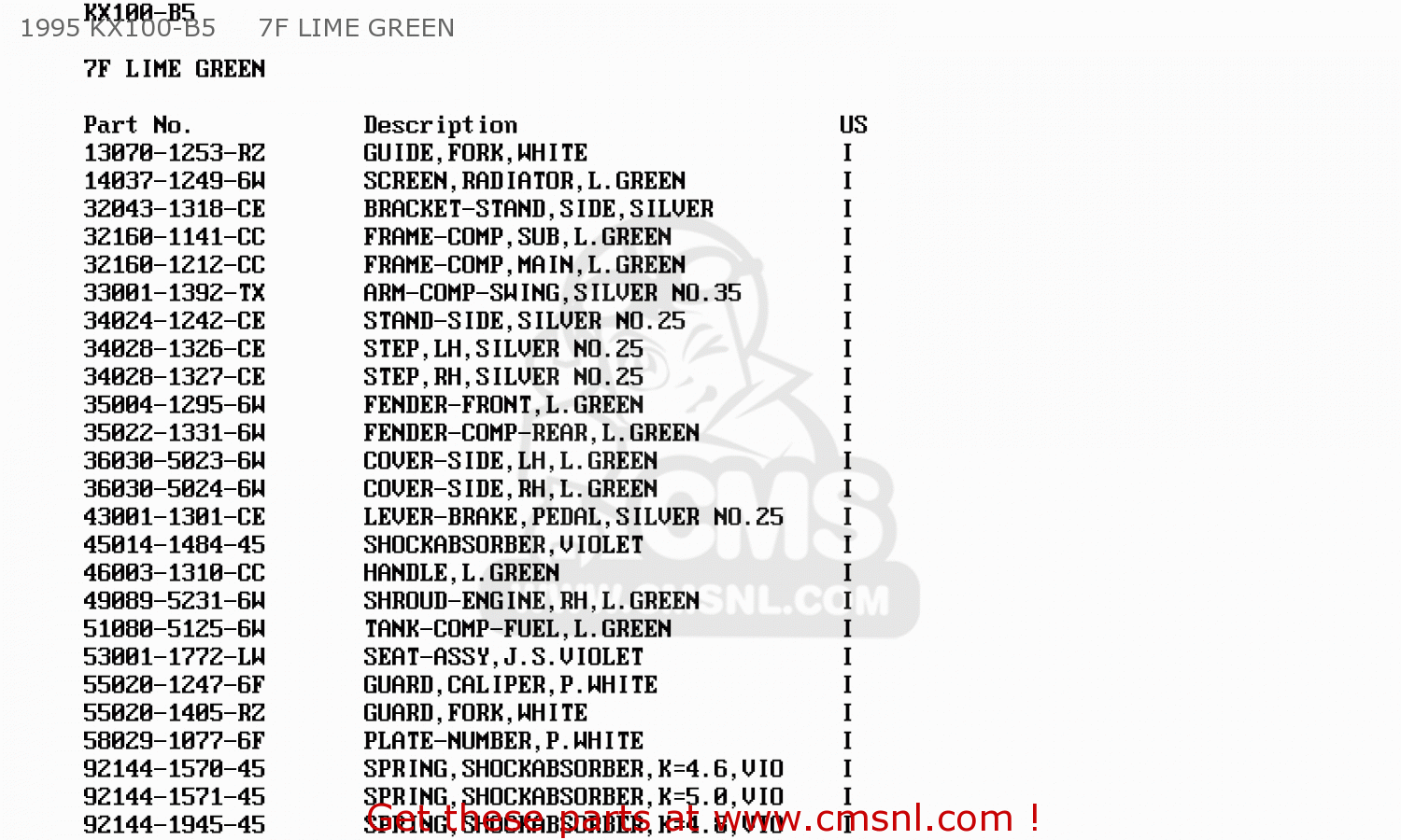 1995 KX100-B5     7F LIME GREEN KX100-B6 1996 USA
