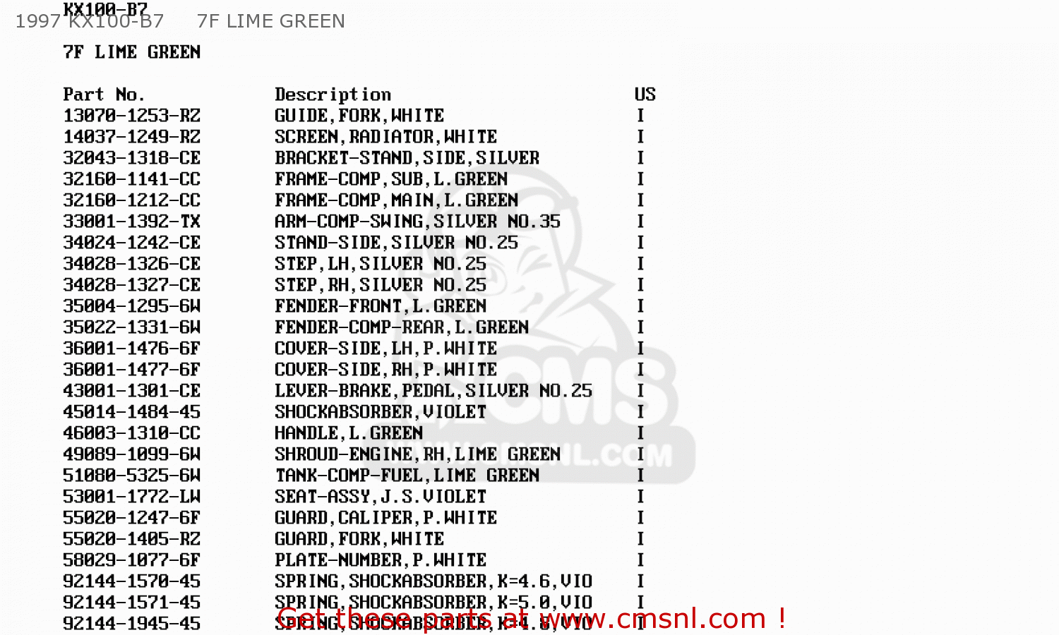 1997 KX100-B7     7F LIME GREEN KX100-B6 1996 USA