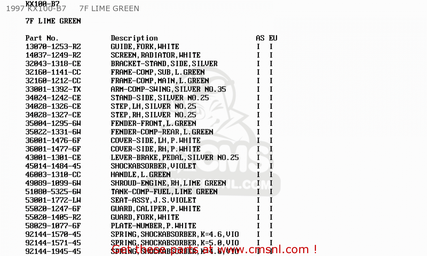 1997 KX100-B7     7F LIME GREEN KX100-B7 1997 EUROPE AS