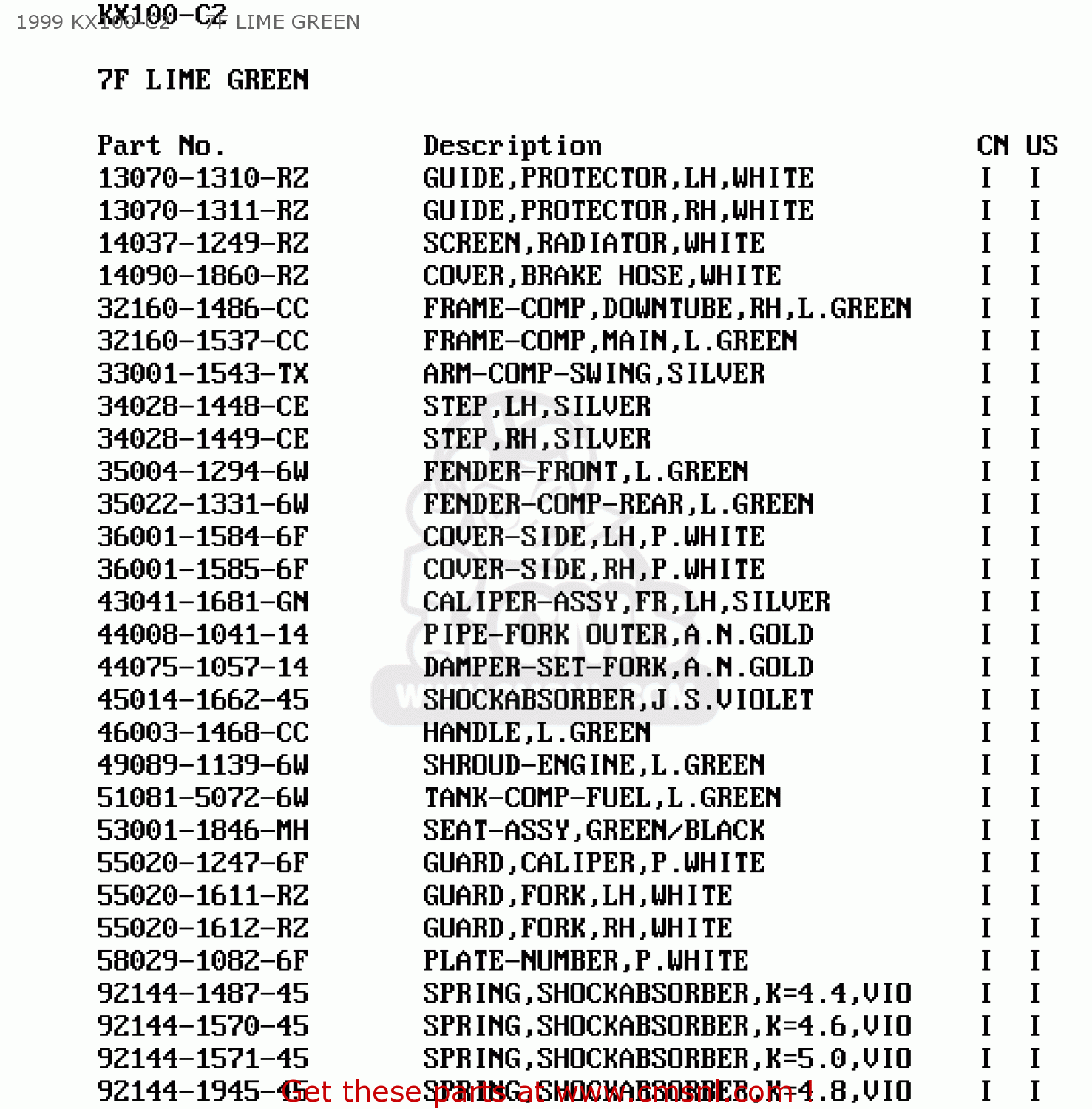 1999 KX100-C2     7F LIME GREEN KX100-C3 2000 USA CANADA