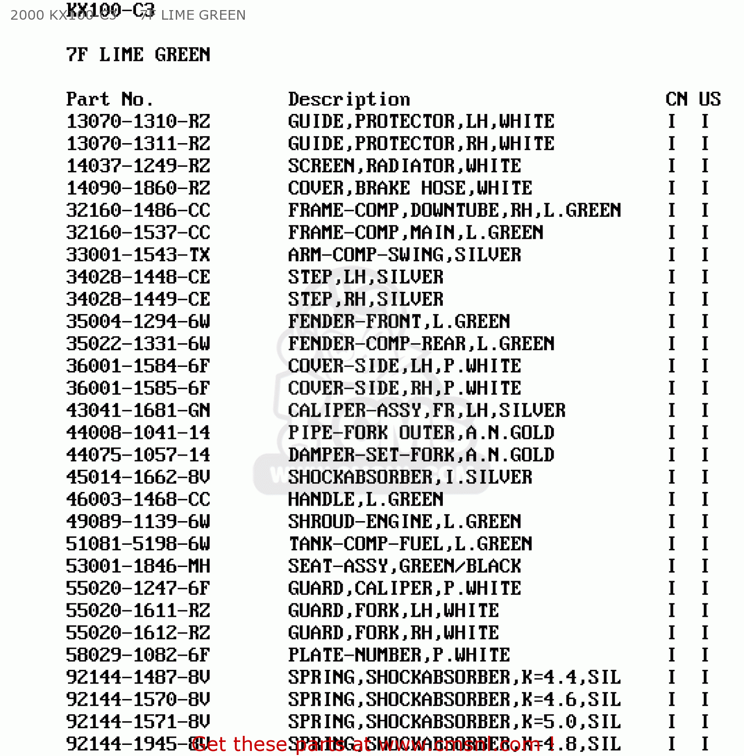 2000 KX100-C3     7F LIME GREEN KX100-C3 2000 USA CANADA