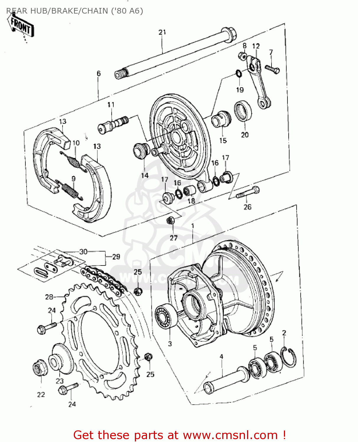REAR HUB/BRAKE/CHAIN ('80 A6) KX125-A7 KX125 1981 UNITED KINGDOM USA CANADA AL