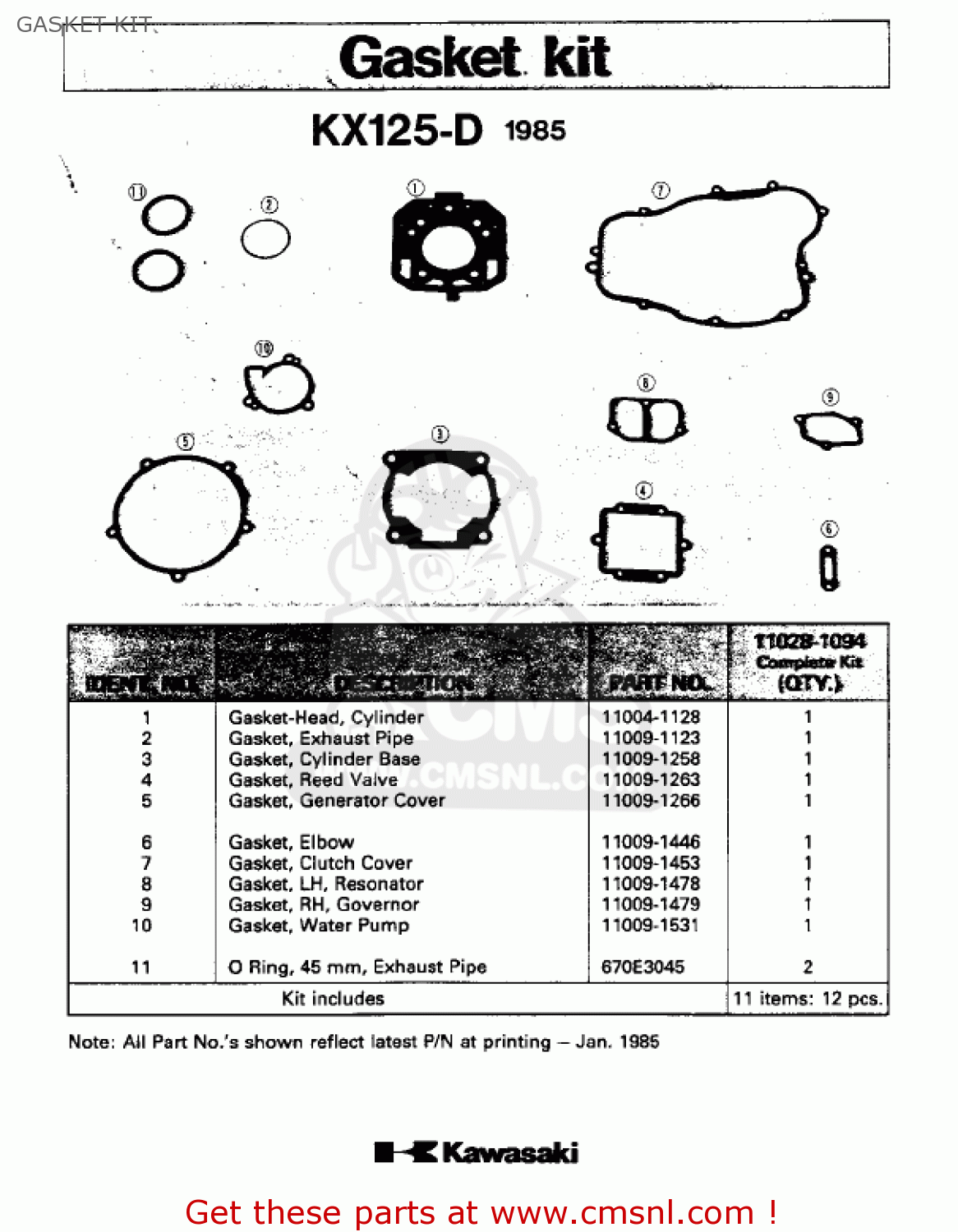 GASKET KIT KX125-D1 KX125 1985 USA CANADA