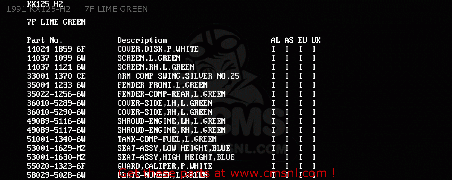 1991 KX125-H2     7F LIME GREEN KX125-H1 1990 EUROPE UK AL AS