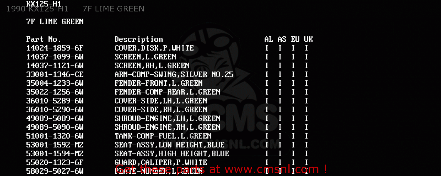 1990 KX125-H1     7F LIME GREEN KX125-H2 1991 EUROPE UK AL AS