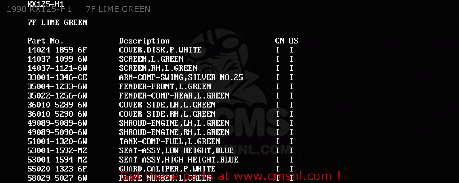 1990 KX125-H1     7F LIME GREEN KX125-H2 1991 USA CANADA