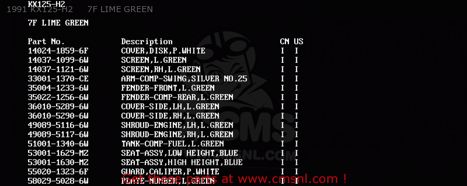 1991 KX125-H2     7F LIME GREEN KX125-H2 1991 USA CANADA