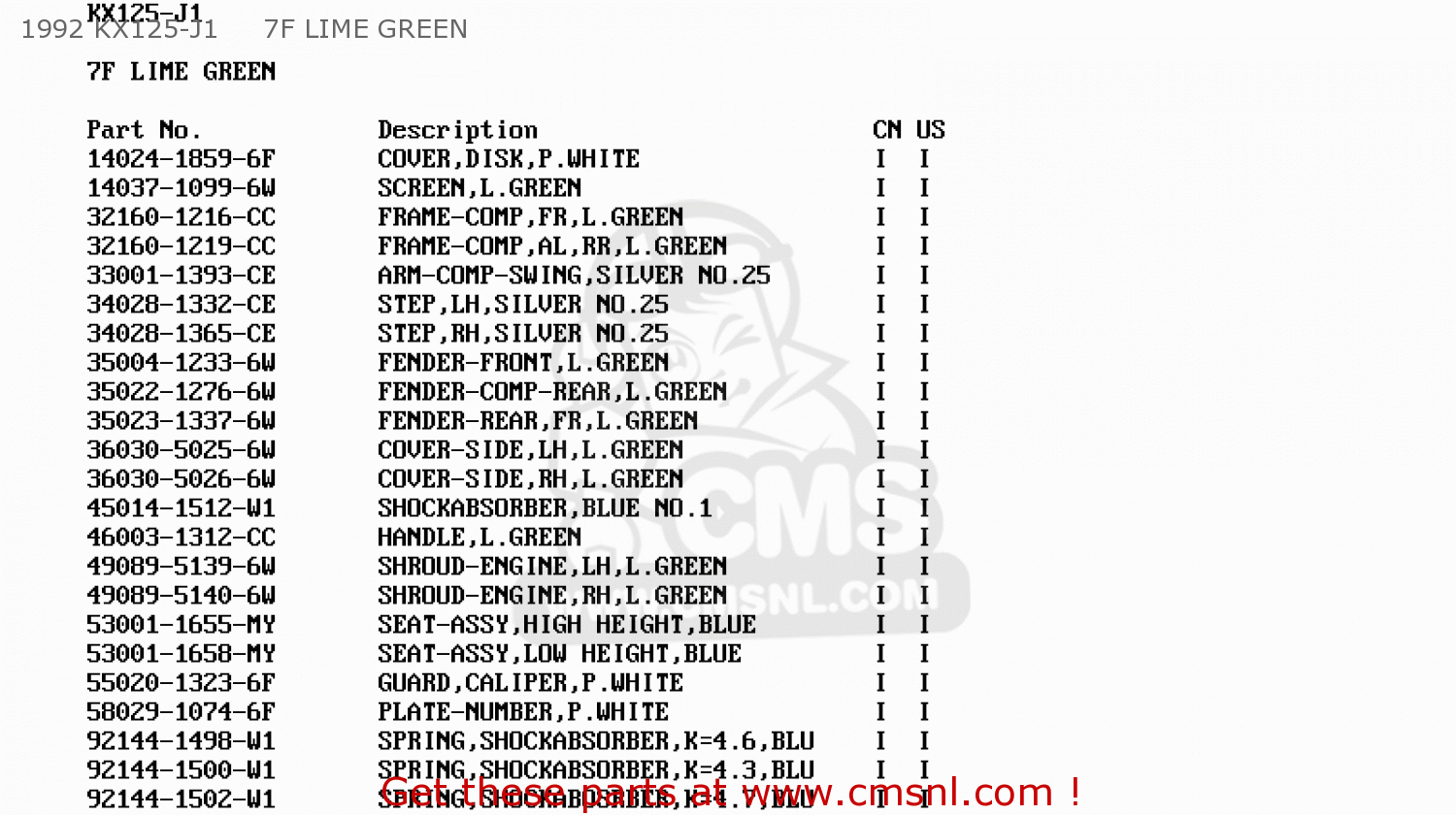 1992 KX125-J1     7F LIME GREEN KX125-J1 1992 USA CANADA