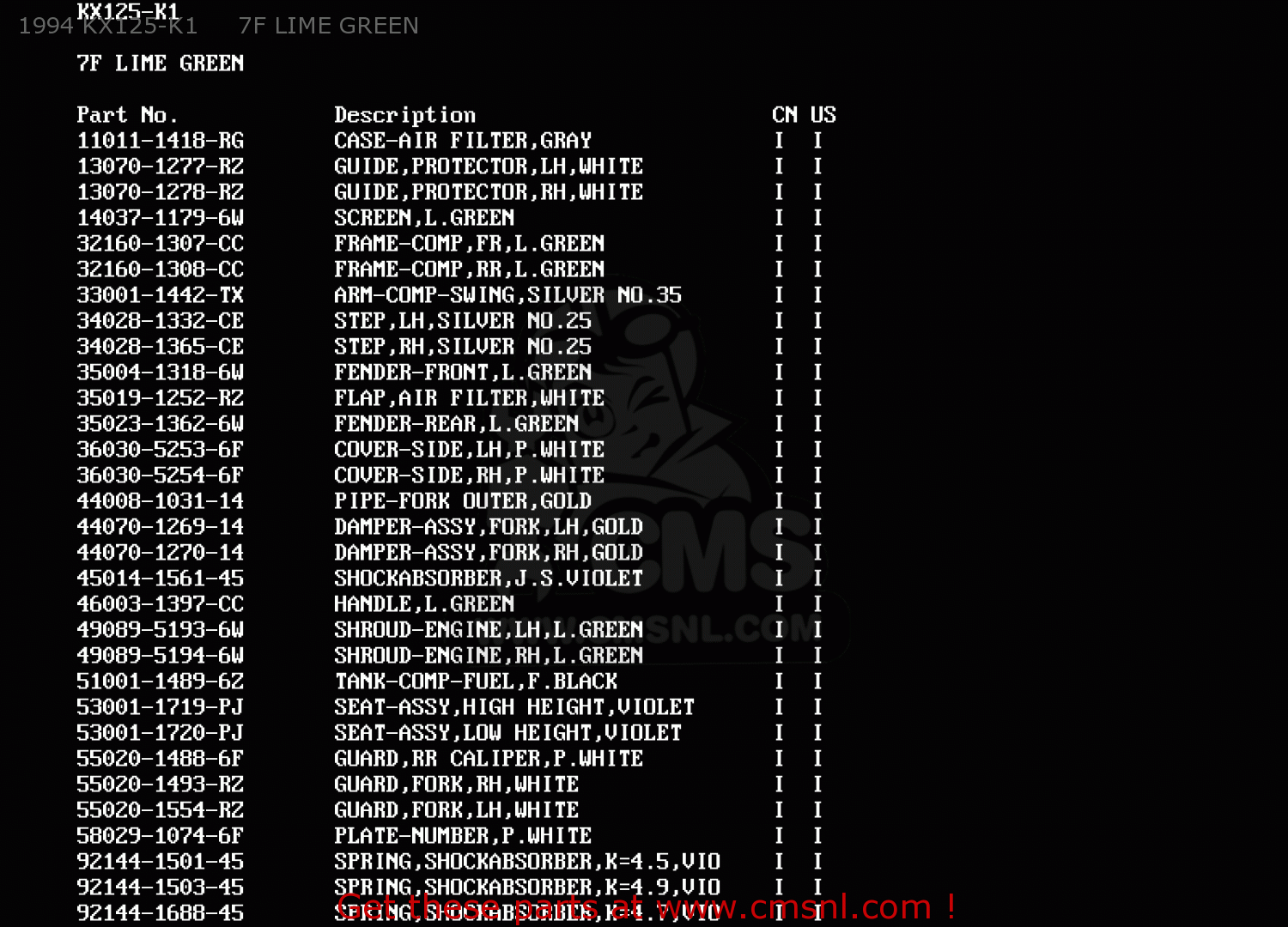 1994 KX125-K1     7F LIME GREEN KX125-K1 1994 USA CANADA