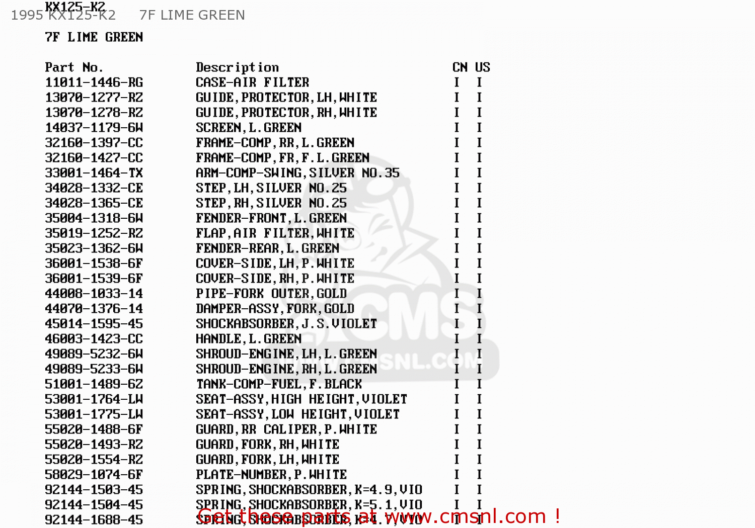 1995 KX125-K2     7F LIME GREEN KX125-K2 1995 USA CANADA