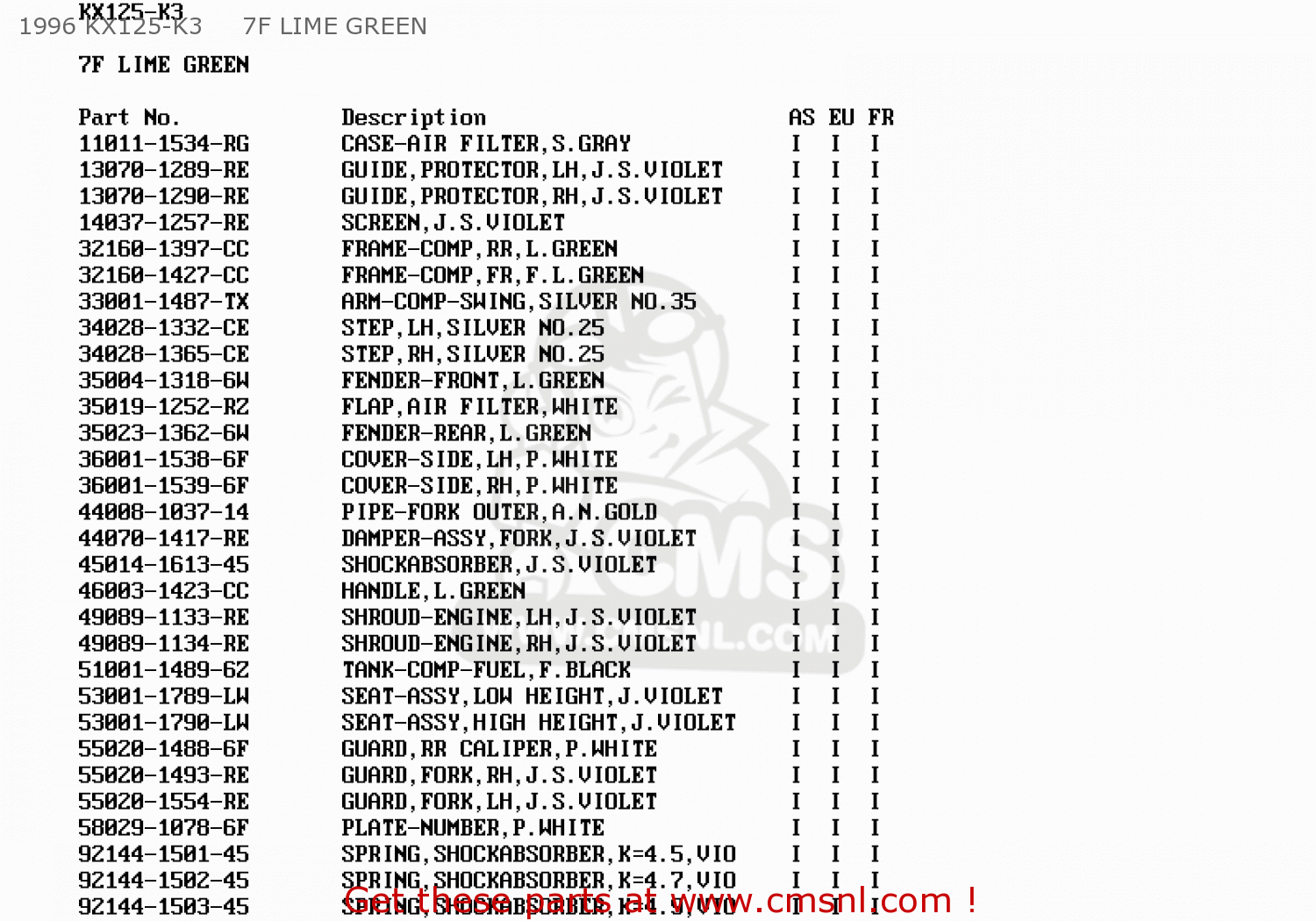 1996 KX125-K3     7F LIME GREEN KX125-K3 1996 EUROPE FR AS