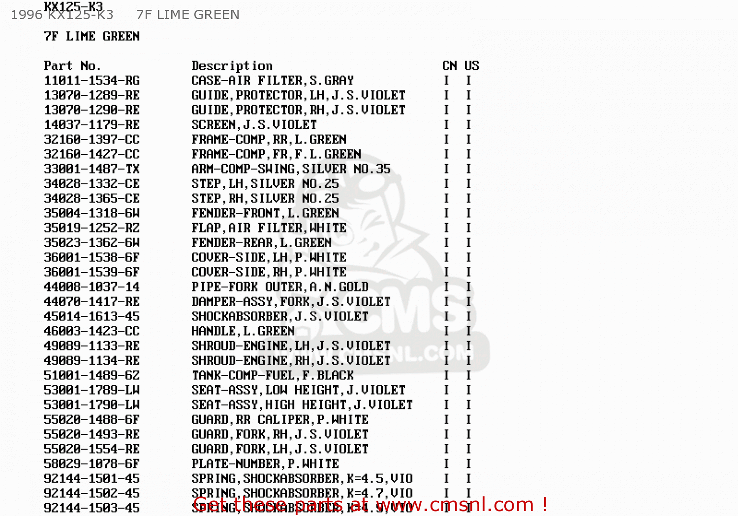 1996 KX125-K3     7F LIME GREEN KX125-K3 1996 USA CANADA