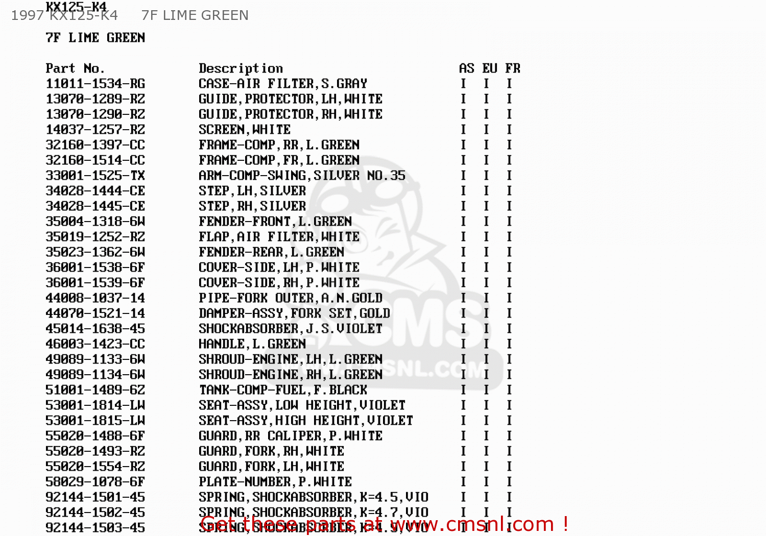 1997 KX125-K4     7F LIME GREEN KX125-K4 1997 EUROPE FR AS