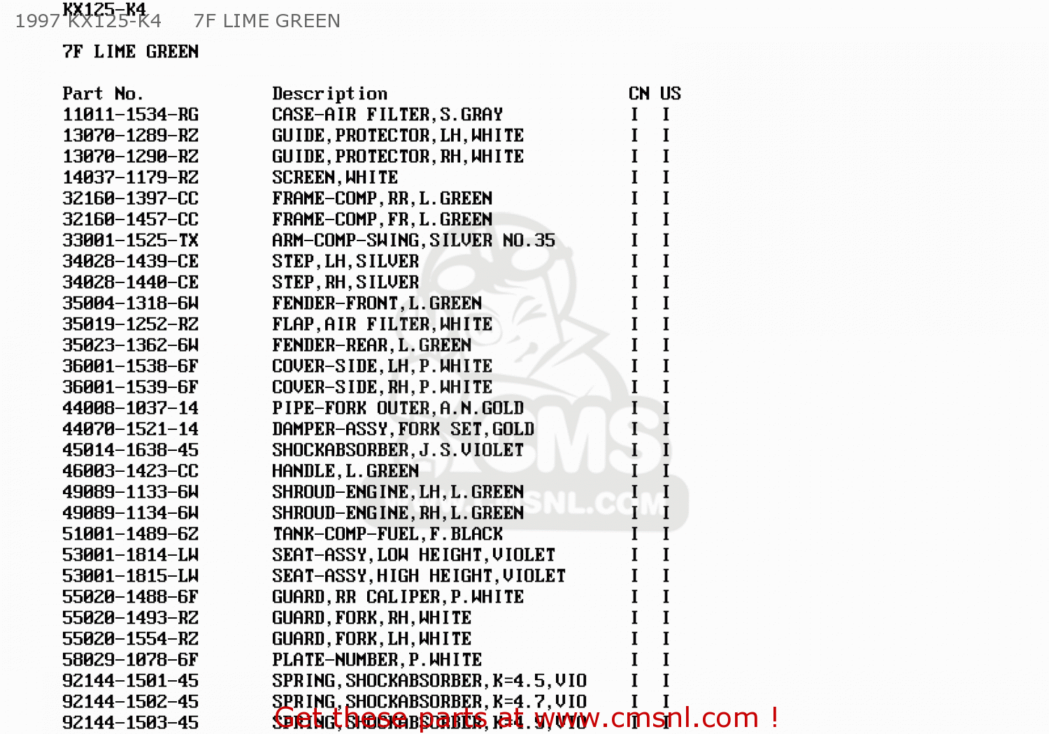 1997 KX125-K4     7F LIME GREEN KX125-K4 1997 USA CANADA