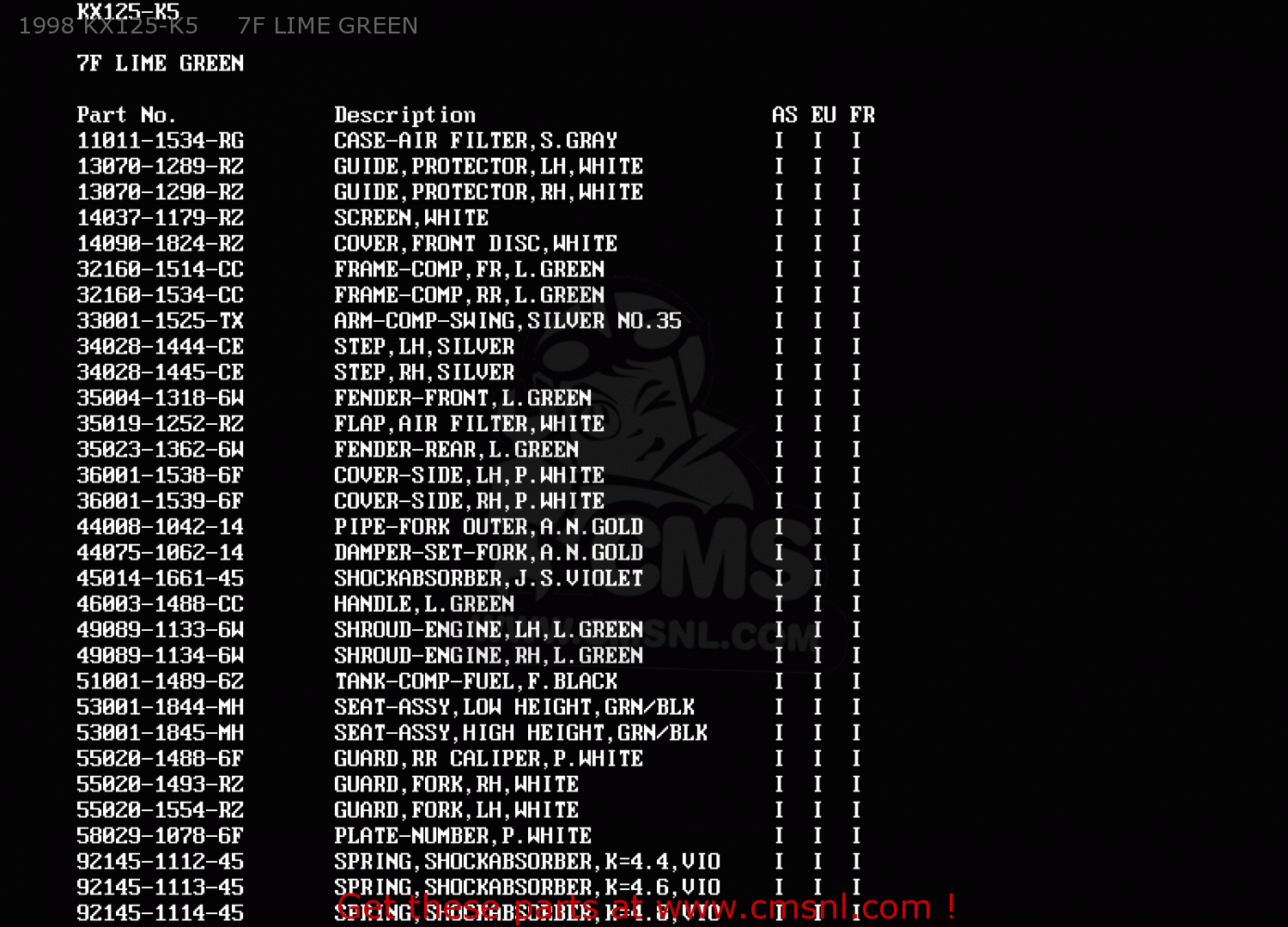 1998 KX125-K5     7F LIME GREEN KX125-K5 1998 EUROPE FR AS