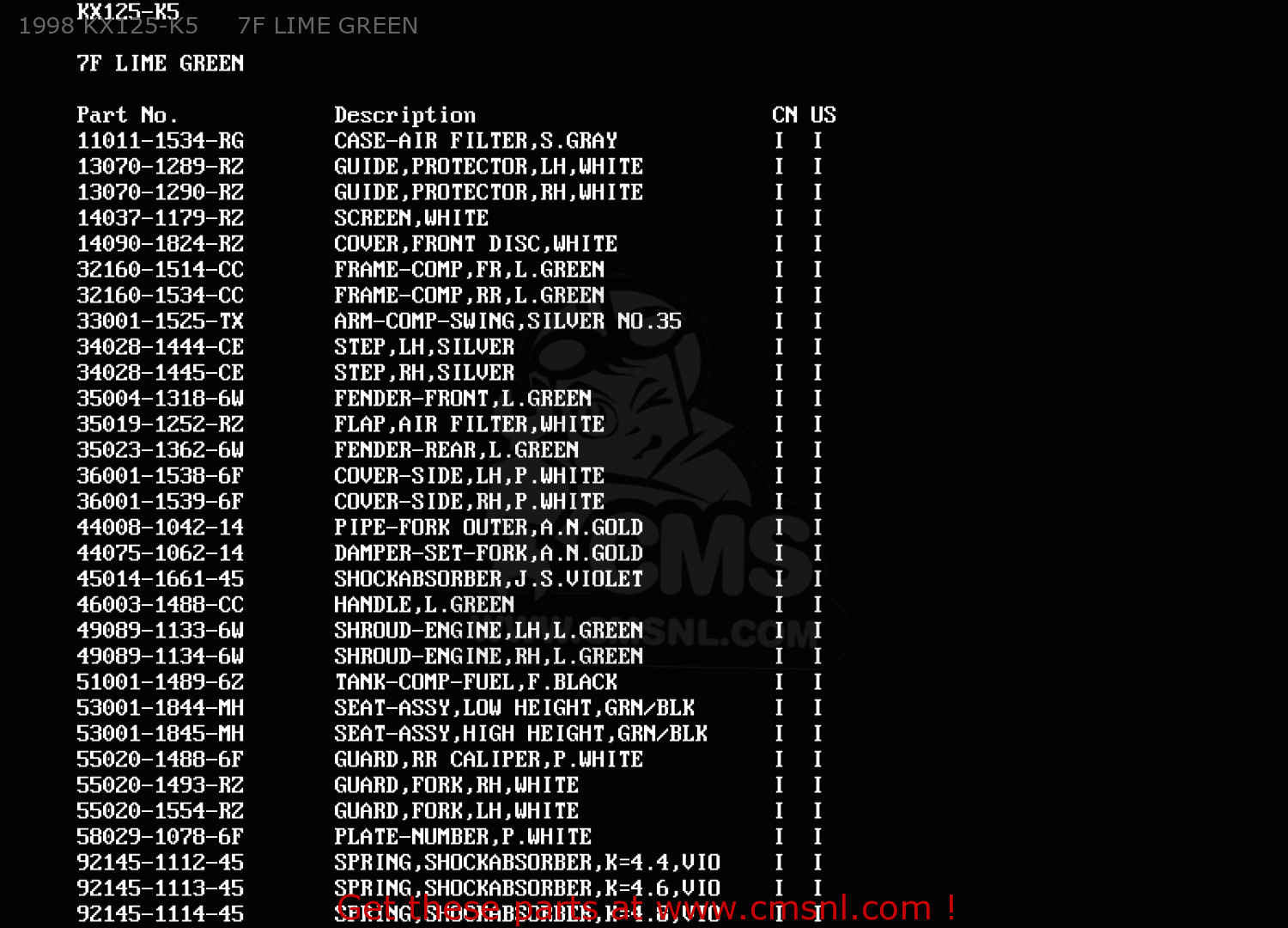 1998 KX125-K5     7F LIME GREEN KX125-K5 1998 USA CANADA