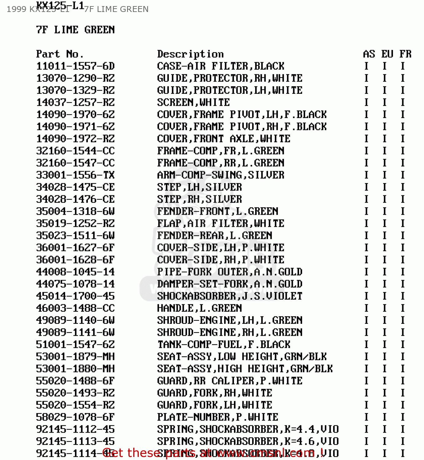1999 KX125-L1     7F LIME GREEN KX125-L1 1999 EUROPE FR AS
