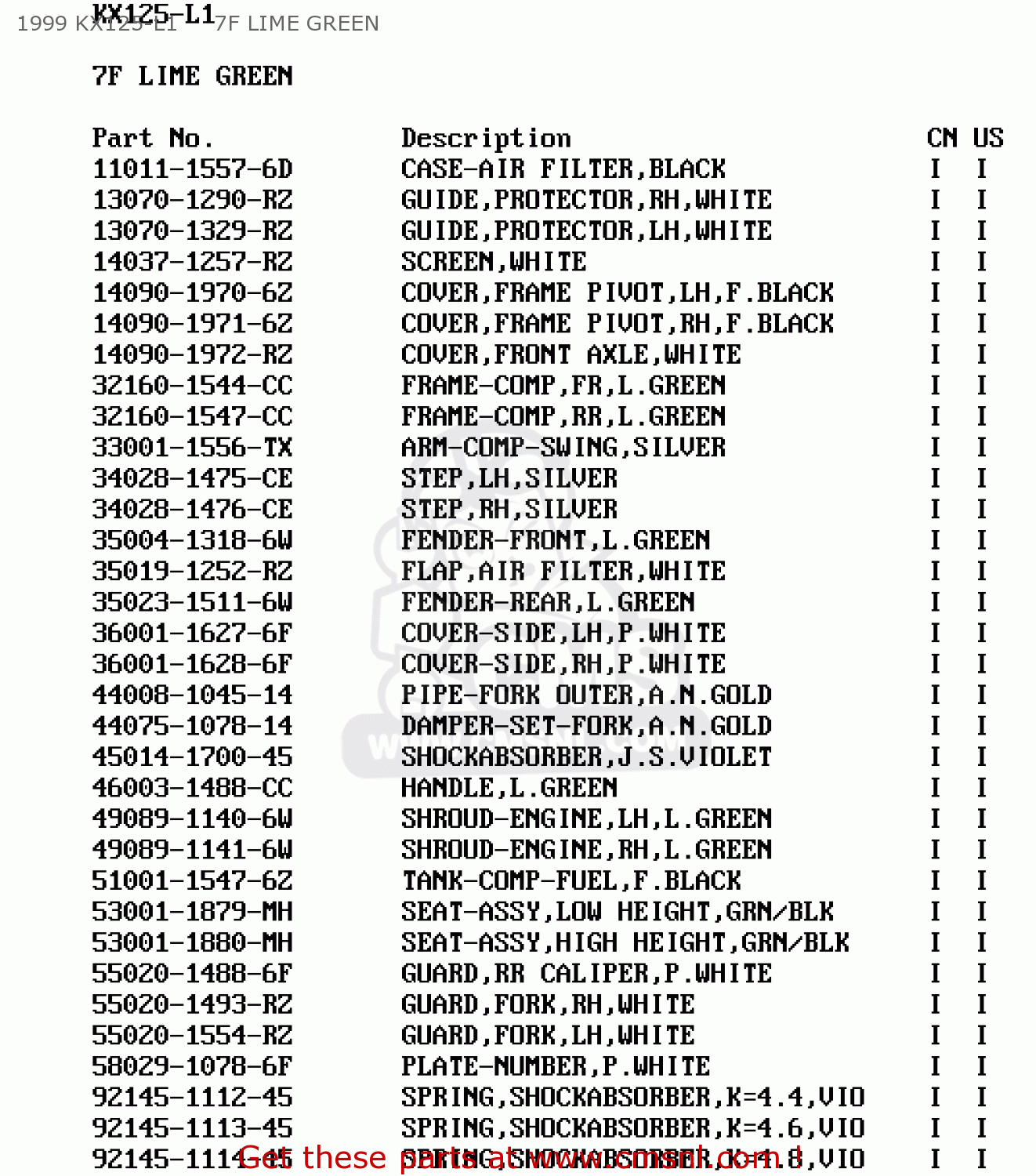 1999 KX125-L1     7F LIME GREEN KX125-L1 1999 USA CANADA