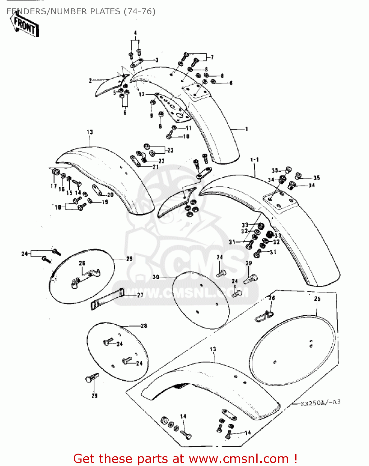 FENDERS/NUMBER PLATES (74-76) KX250-A4 1978