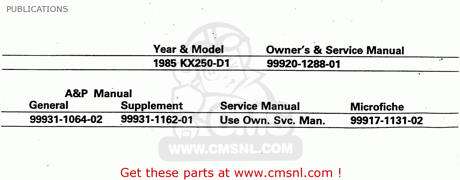 PUBLICATIONS KX250-D1 1985 UNITED KINDOM AL