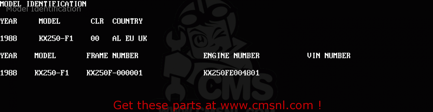 Model Identification KX250-F1 1988 EUROPE UK AL