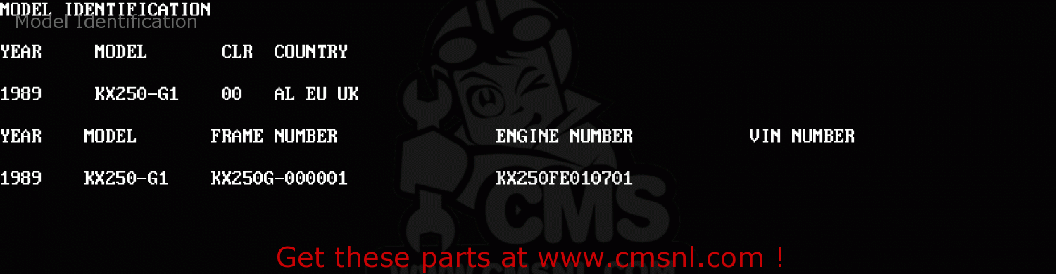 Model Identification KX250-G1 1989 EUROPE UK AL