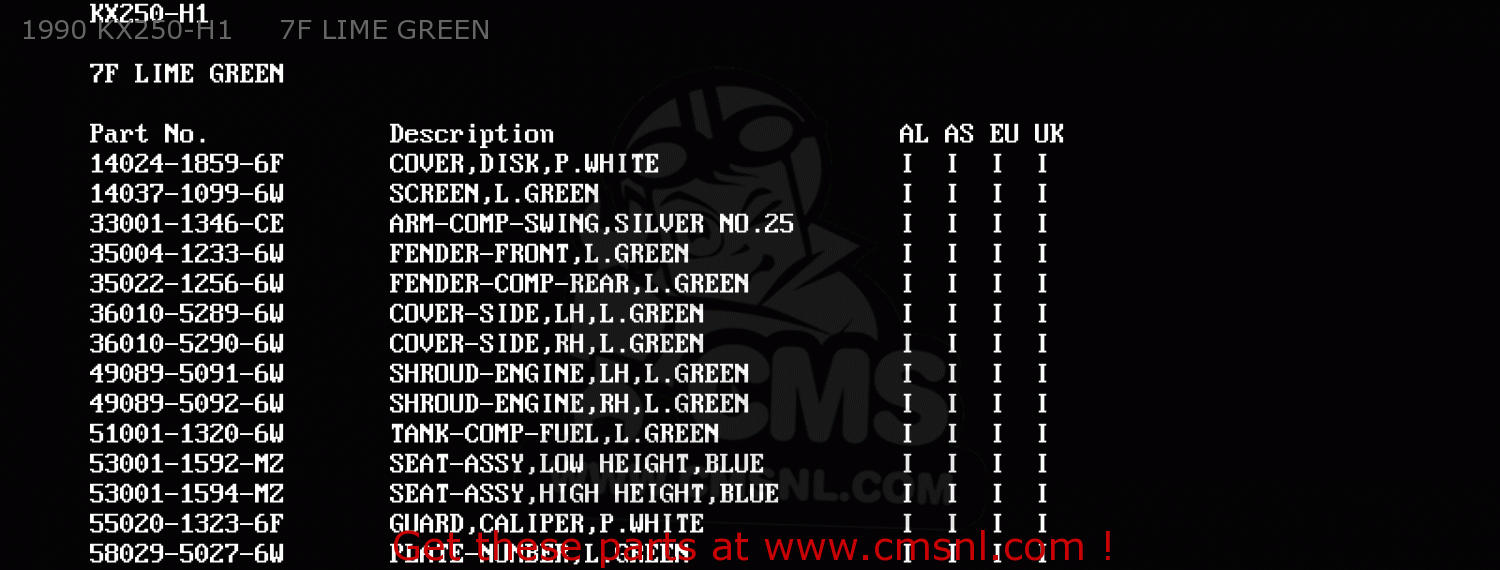 1990 KX250-H1     7F LIME GREEN KX250-H2 1991 EUROPE UK AL AS