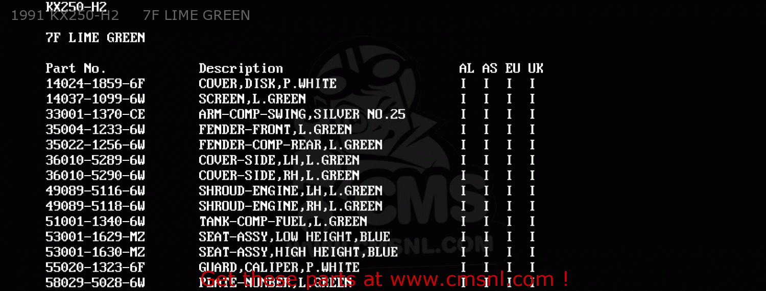 1991 KX250-H2     7F LIME GREEN KX250-H2 1991 EUROPE UK AL AS