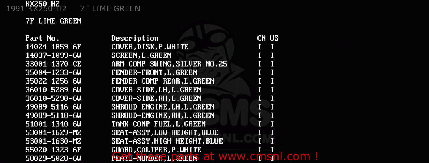 1991 KX250-H2     7F LIME GREEN KX250-H2 1991 USA CANADA