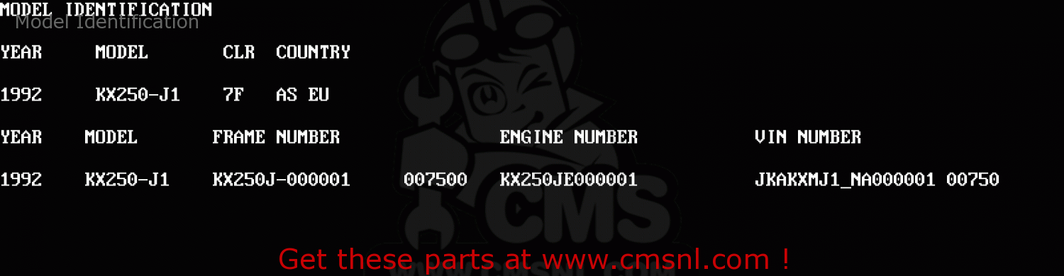 Model Identification KX250-J1 1992 EUROPE AS