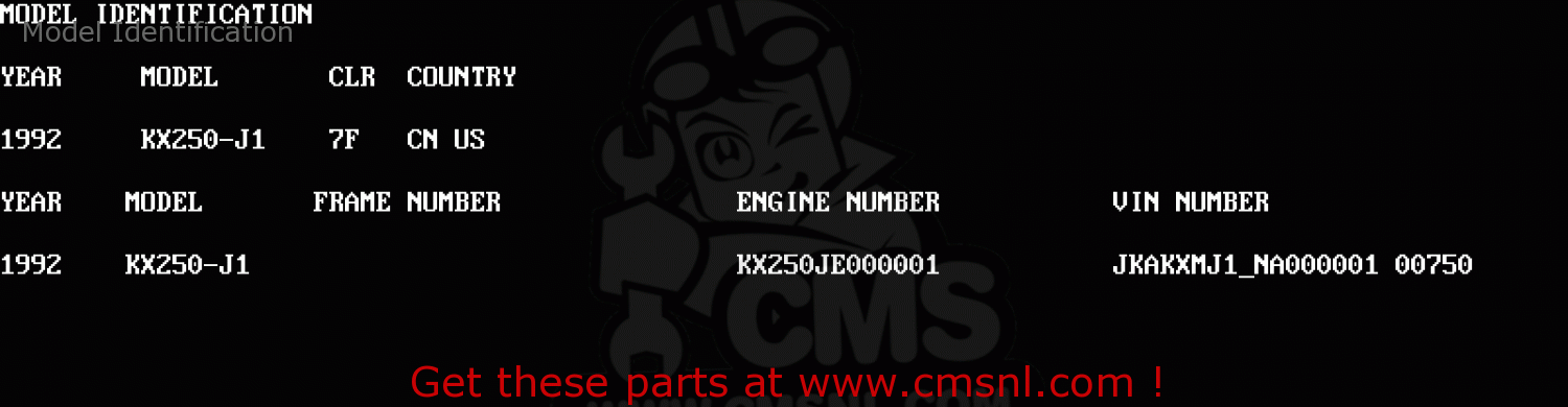 Model Identification KX250-J1 1992 USA CANADA